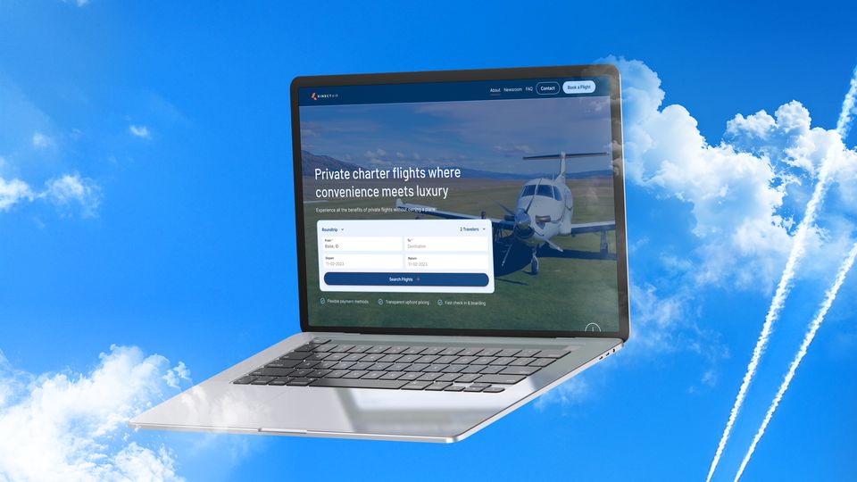 KinectAir private charter flight booking website built in Webflow — hero section with search form and sky background