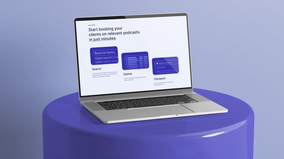Podseeker podcast booking platform — how-it-works section with search, gather, and outreach workflow on laptop mockup