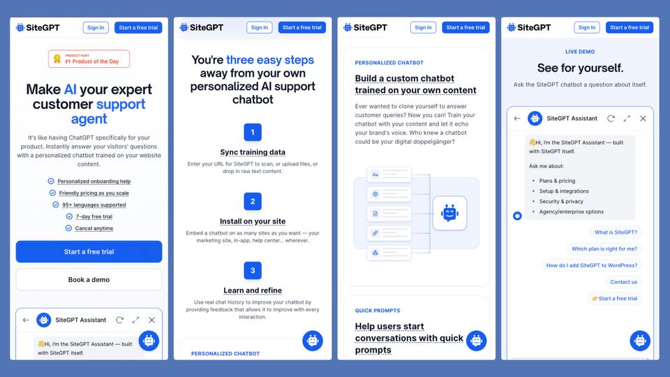 SiteGPT AI customer support chatbot — mobile screens showing personalized chatbot setup, training, and live demo flows
